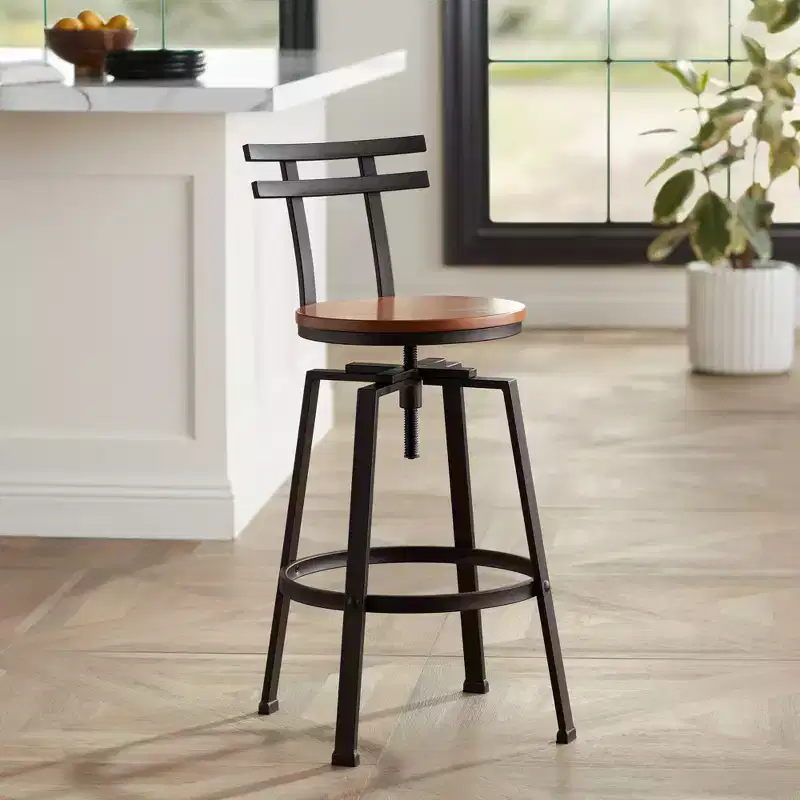 Elm Lane Clifton Bronze Metal Swivel Bar Stool Brown 29 1/2 High Industrial Adjustable Wood Seat with Backrest Footrest for Kitchen Counter Height