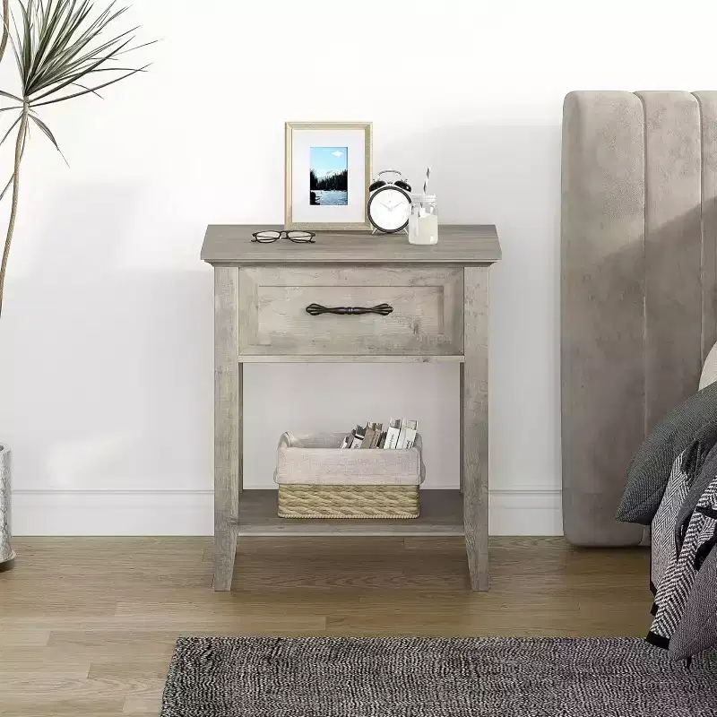 Nightstand with Drawer and 2-Tier Storage Shelves, Versatile End Table for Bedroom, Living Room, Dorm, and Small Spaces