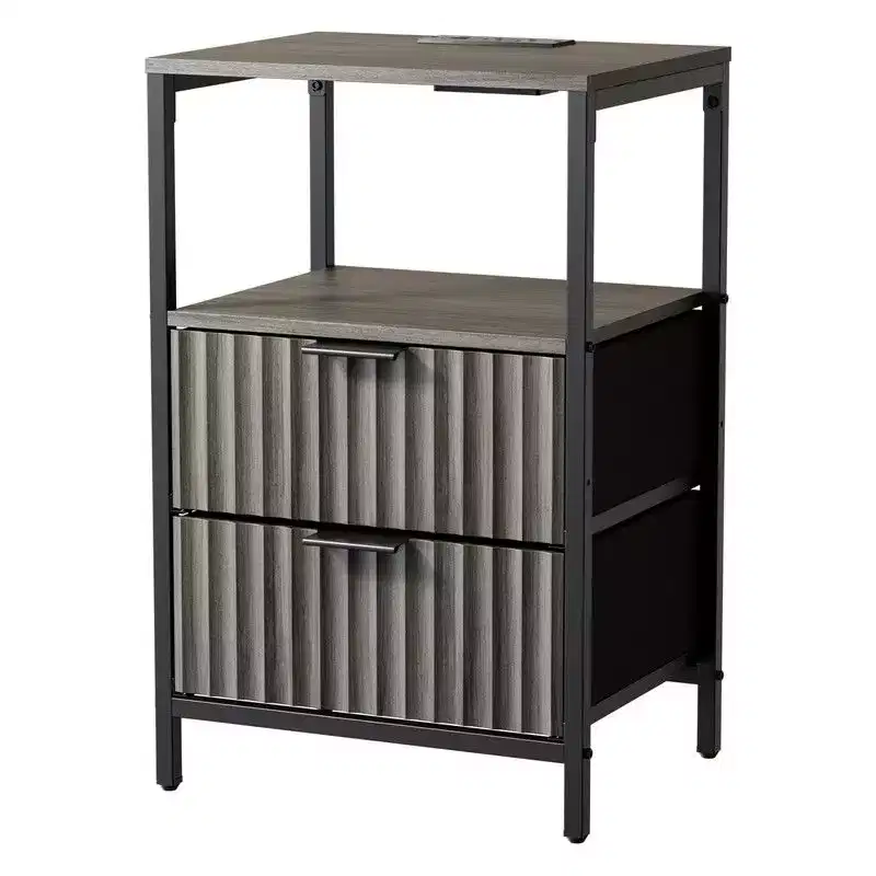 Karl Home 15 Inches Wide Nightstand - 2 Drawers, 1 Shelf, US Power Outlet