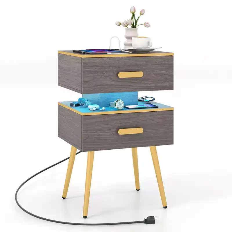 1/2 PCS Nightstand with Charging Station Bedside Sofa Side Tables with 2 Drawers Grey