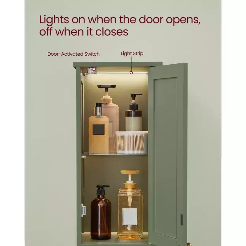Tall Bathroom Cabinet with Lights, Slim Bathroom Storage Cabinet, Freestanding Narrow Cabinet with Adjustable Shelves, for Small Spaces, Modern