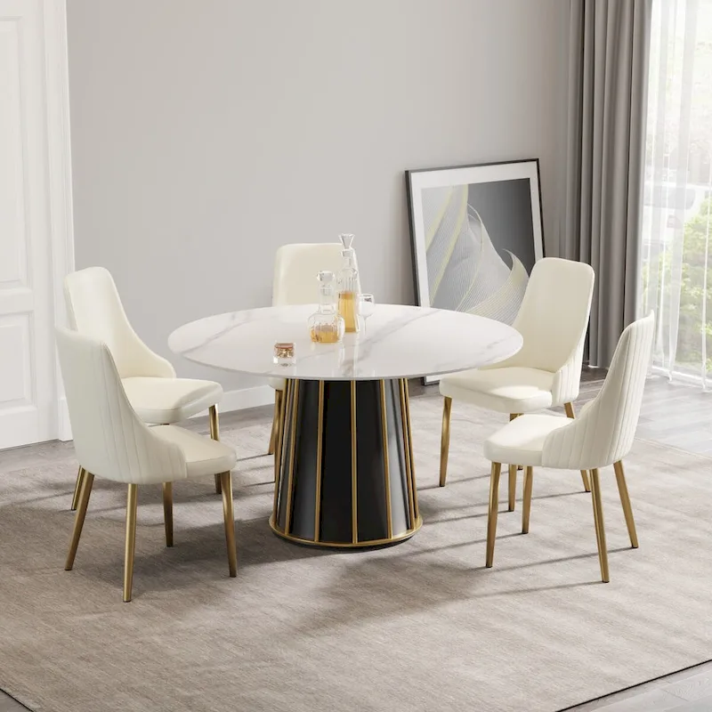 53 White Sintered Stone Round Dining Table with Lazy Susan - N/A