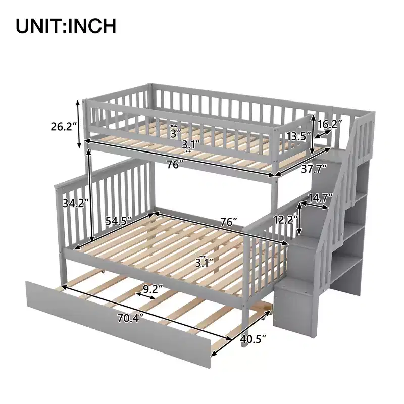 Twin over Twin Bunk Bed with Trundle and Storage Staircase, Solid Wood Stairway Bunk Bed for Kids Teens Adults