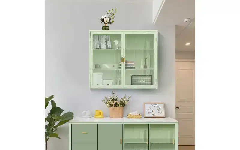TUYOHW Modern Concise 3-Tier Sideboard Cabinet, Iron & Tempered Glass Storage Cabinet with 2 Doors, Wall Cabinet Pantry Cabinet for Home Organization