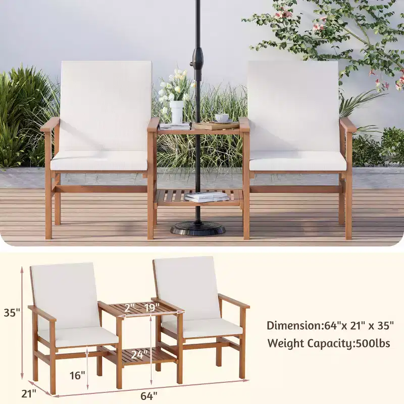 EROMMY Acacia Wood Loveseat With Table, 3 Pieces Patio Furniture Set, Outdoor Patio Loveseat With Coffee Table