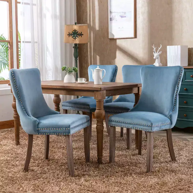 Okak Retro Dining Chairs Set of 2, Comfy Upholstered Wing-Back Chairs with Backstitching Nailhead Trim, Kitchen Chairs with Solid Wood Legs
