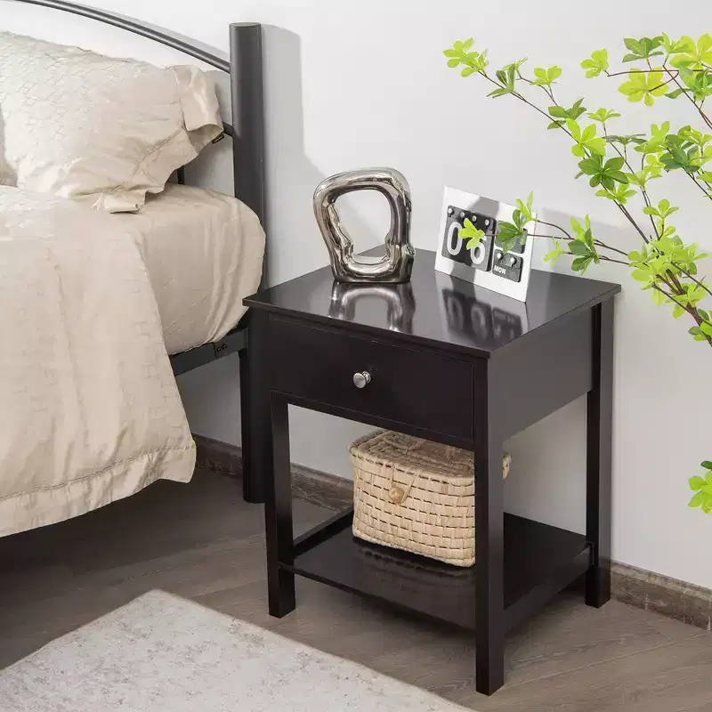 Costway Nightstand with Drawer Storage Shelf Wooden Bedside Sofa Side Table White\Brown