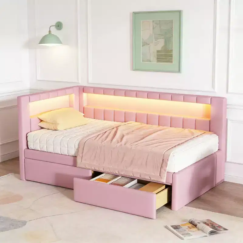 Twin Size Linen Upholstered Platform Bed with 2 Drawers