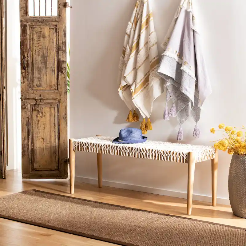 SAFAVIEH Mahalia Bandelier Wood & Leather Bench - 47 W x 16 D x 19 H - 47Wx16Dx19H