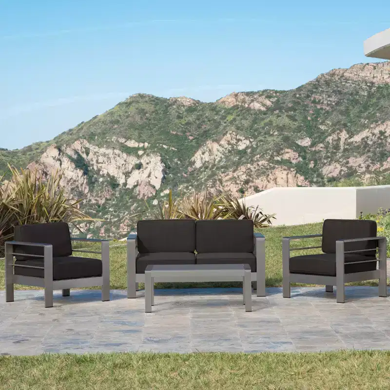GDFStudio Wendy Outdoor Aluminum 4 Seater Chat Set with Cushions, Gray