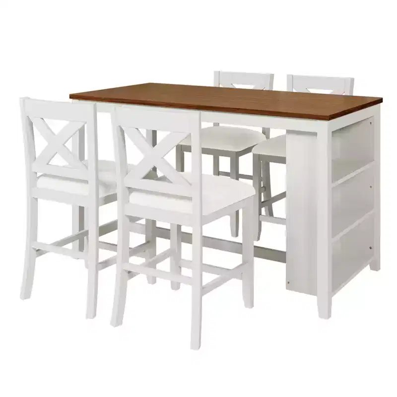 5-Piece Counter Height Dining Table Set, Rustic Farmhouse Wooden Bar Table Set with 4 Upholstered Chairs, Table Chairs Set for Kitchen