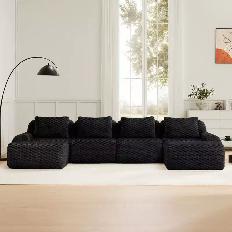 146 U-Shaped Modular Sofa Flannelette 4-Seater Ottoman Buckle No Assembly Black