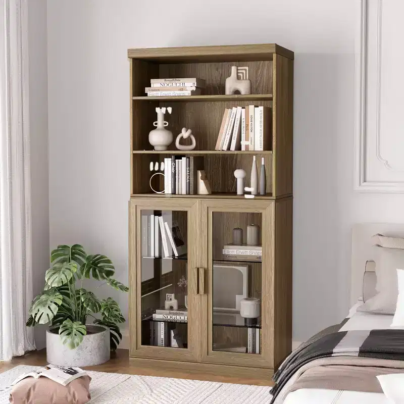 36x31x16 Wood Accent Cabinet with Adjustable Shelf Storage Cabinet Natural-Glass Door