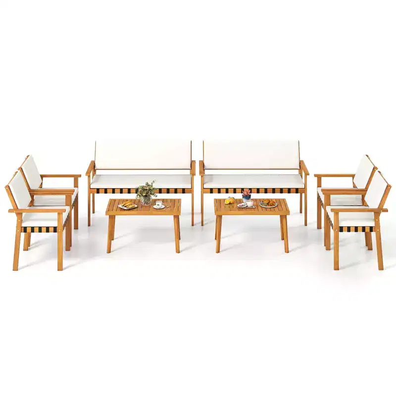 Costway 8 PCS Wood Furniture Set with Coffee Table Seat Back Cushions for Backyard, Porch