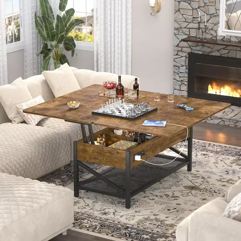 Expandable Lift Top Coffee Table Converts to Dining Table with LED Light and Power Outlet - 39 in. W X 41.73 in. L X 26.6 in. H