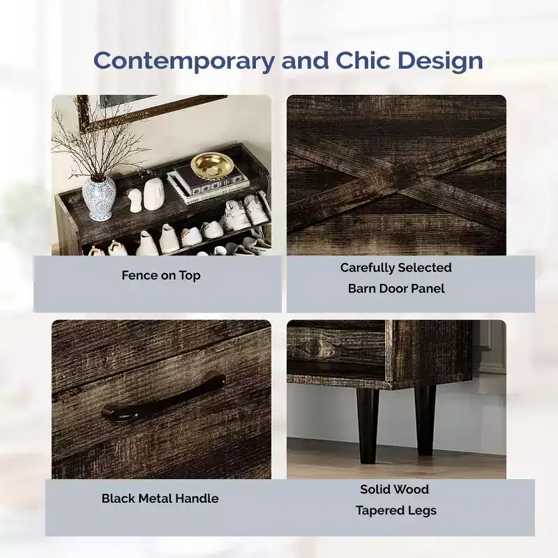 Karl Home 2 Flip 1 Barrier Barn Door Shoe Cabinet Melamine Embossed 31.6In Black Oak