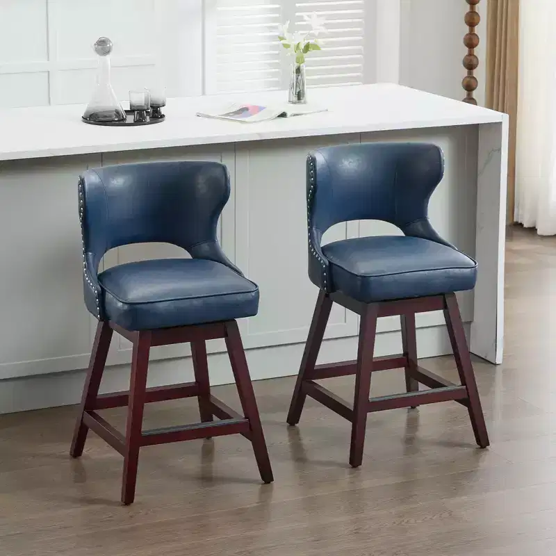 Swivel Nailhead Counter Bar Stools Set of 2 Upholstered 360° Solid Wood Legs 26