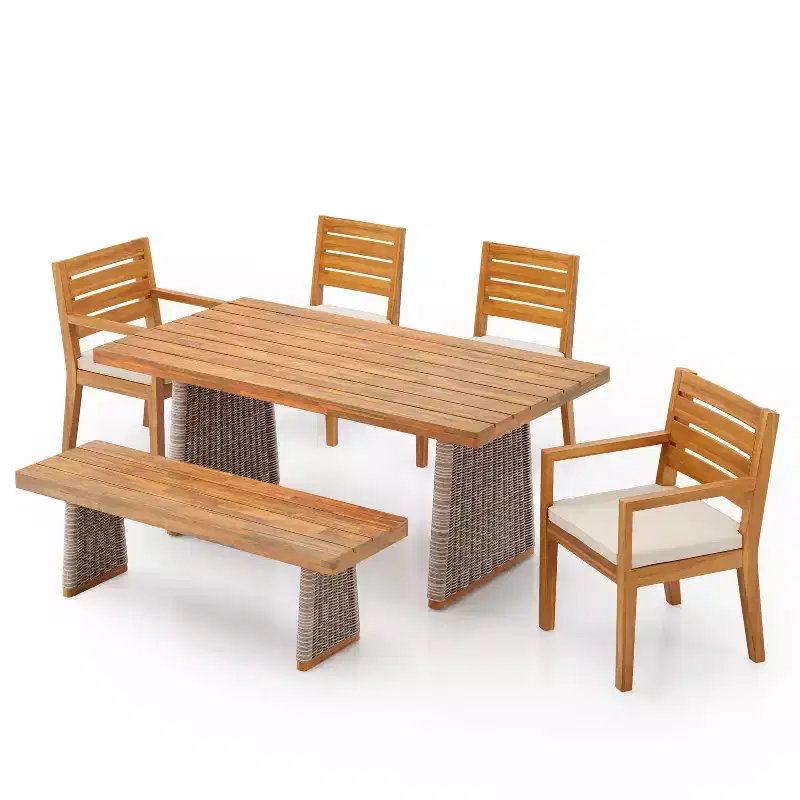 Christopher Knight Home Miranda Rustic 6 Piece Outdoor Rattan Acacia Wood Slatted Dining Set with Cushions