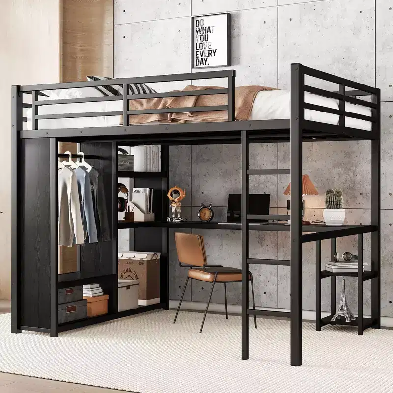 Queen Size Loft Bed Frame with Built-in Wardrobe Metal Loft Bed with Desk and Storage Shelves Black