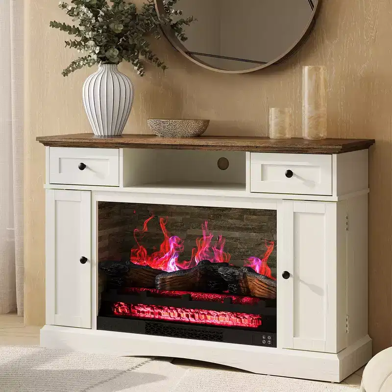 Heynemo TV Stand with 28 Fireplace for TVs up to 55, Media Console Table with Adjustable Shelves, Double-door Design, Entertainment Center, White