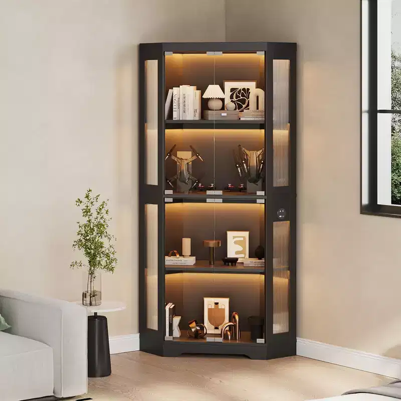 4-Tier Corner Display Cabinet with Glass Doors & LED Lights, Modern Curio Case Bookshelf Storage Organizer for Collectibles & Living Room
