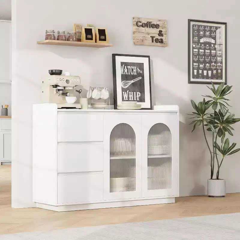 48 Buffet Cabinet with 3 Drawers, Glass Doors & LED Lights, Modern Sideboard Storage Coffee Bar for Kitchen Dining Room