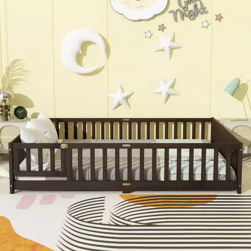 MAYEERTY Queen Floor Bed with Fence,Door, Rubber Wood Floor Bed Guardrails Brown