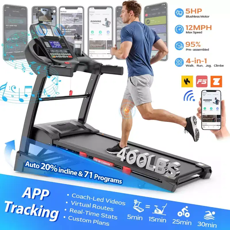20% Auto Incline Folding Treadmill for Home, 5HP Quiet Motor, 400LB, Compact Walking Running Machine with App Control, 71 Programs & Bluetooth