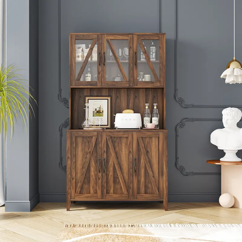 Walnut / Black / White Freestanding Kitchen Pantry Cabinet with Glass Doors, Drawers & Open Shelves