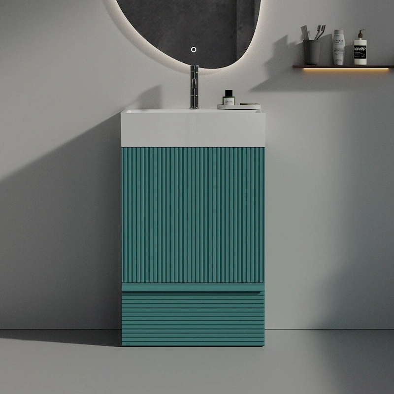 Single Sink Bathroom Vanity, Modern Grille-patterned Freestanding Vanity With Hidden Handle, Wood Bathroom Cabinet