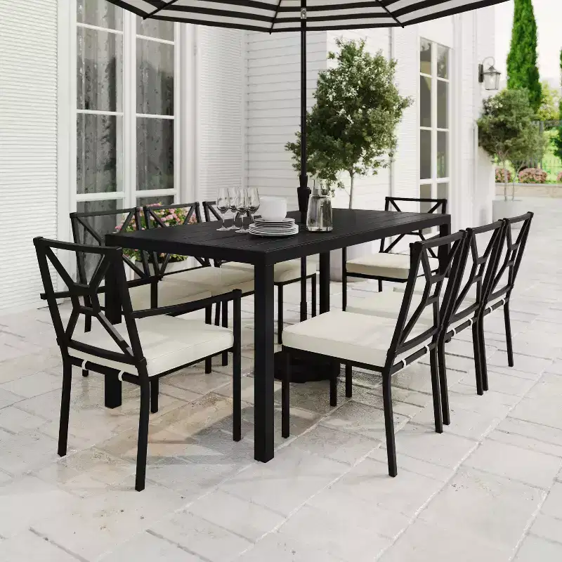 Martha Stewart 9-Piece Steel Patio Dining Set with 8 Stackable Chairs and 71 Table in Black