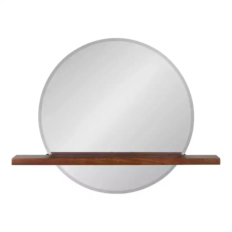 30" x 24" Fosset Round Frameless Mirror with Shelf Walnut Brown - Kate & Laurel All Things Decor: Chic Beveled Edge, Mango Wood
