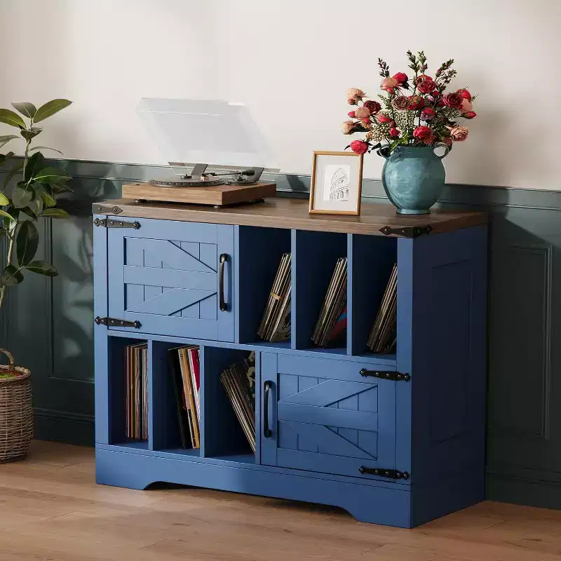 39 Inch Vinyl Record Storage Cabinet, Farmhouse Wood Turntable Stand with 2 Barn Doors, Large Record Player Table for Living Room Bedroom