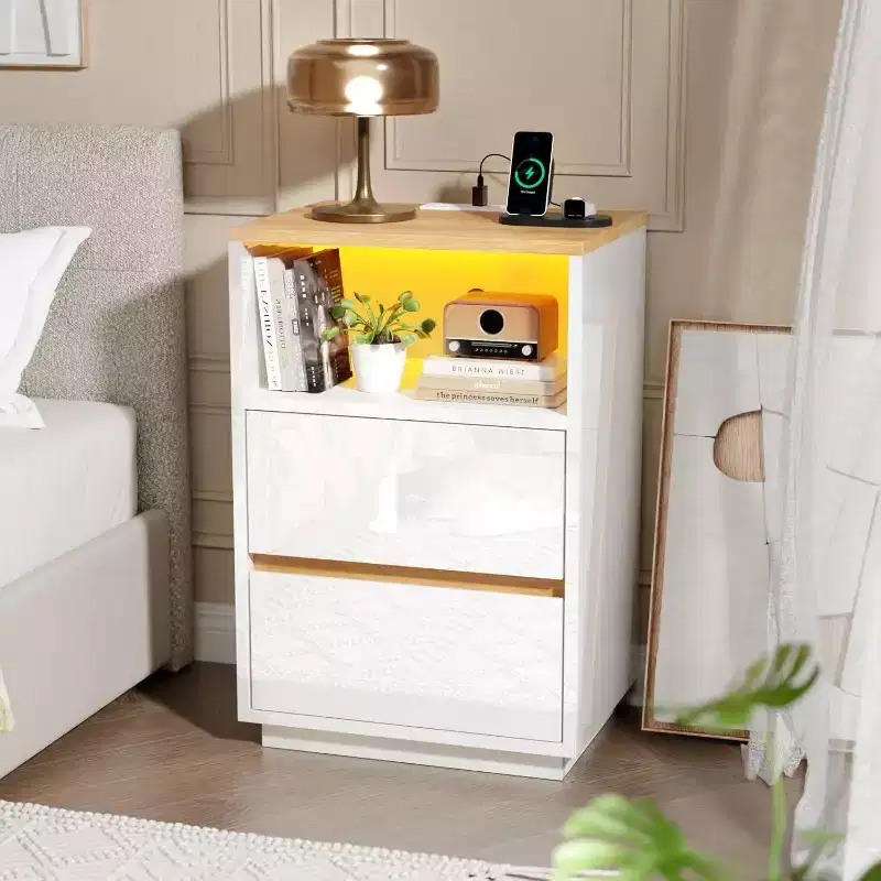VINGLI White Nightstand with Charging Station, High Gloss Led Night Stand with Drawers, End Table