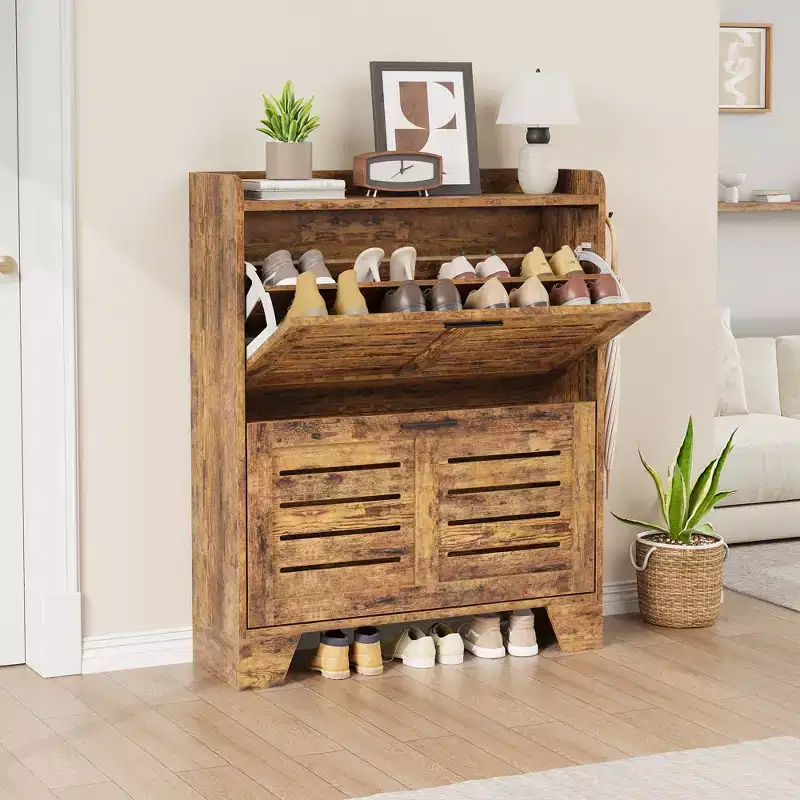 Slim Shoe Storage Cabinet with 2 Flip Drawers & Hooks for Foyer, Hallway, Garage