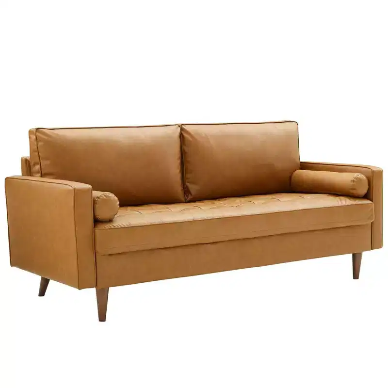 Valour Upholstered Faux Leather Sofa Tan - Modway: Mid-Century Modern, Seats 4, Wood Frame