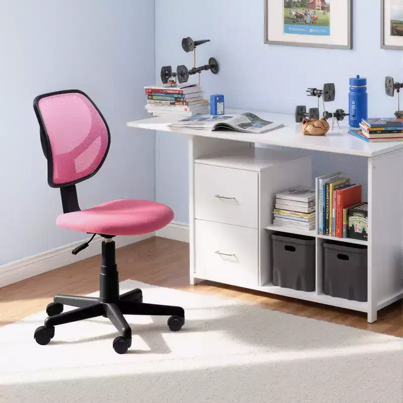 FurnitureR Desk Chair Mesh Armless, Ergonomic Adjustable Mid-Back Compact Rolling Swivel Computer Task Chair for Home Office Study Work, Pink