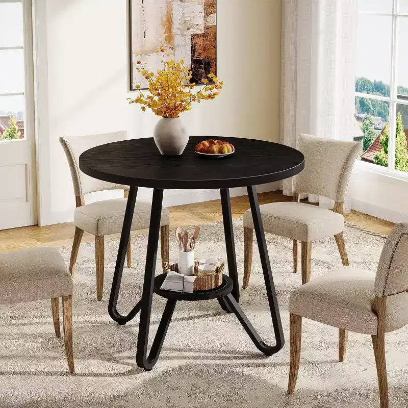 Lantine 31.5 Round Dining Table for 2 with Double Shelves, Small Kitchen Dinner Table for Dining Room, Apartment, Small Space