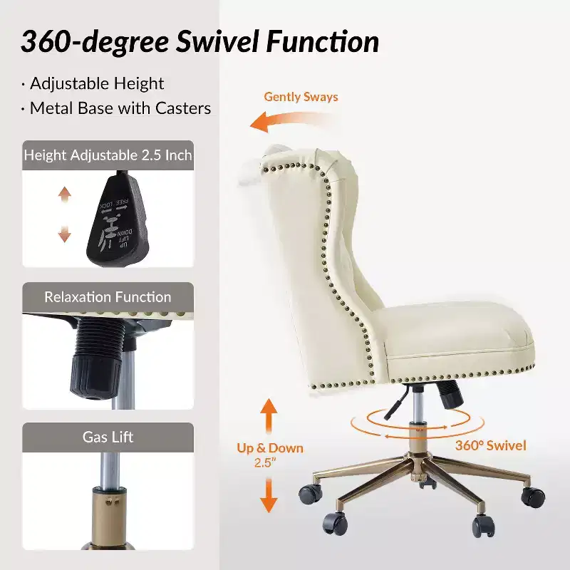 Hazel Traditional Faux Leather Wingback Office Chair — Tufted, Bronze Nailhead, Camel