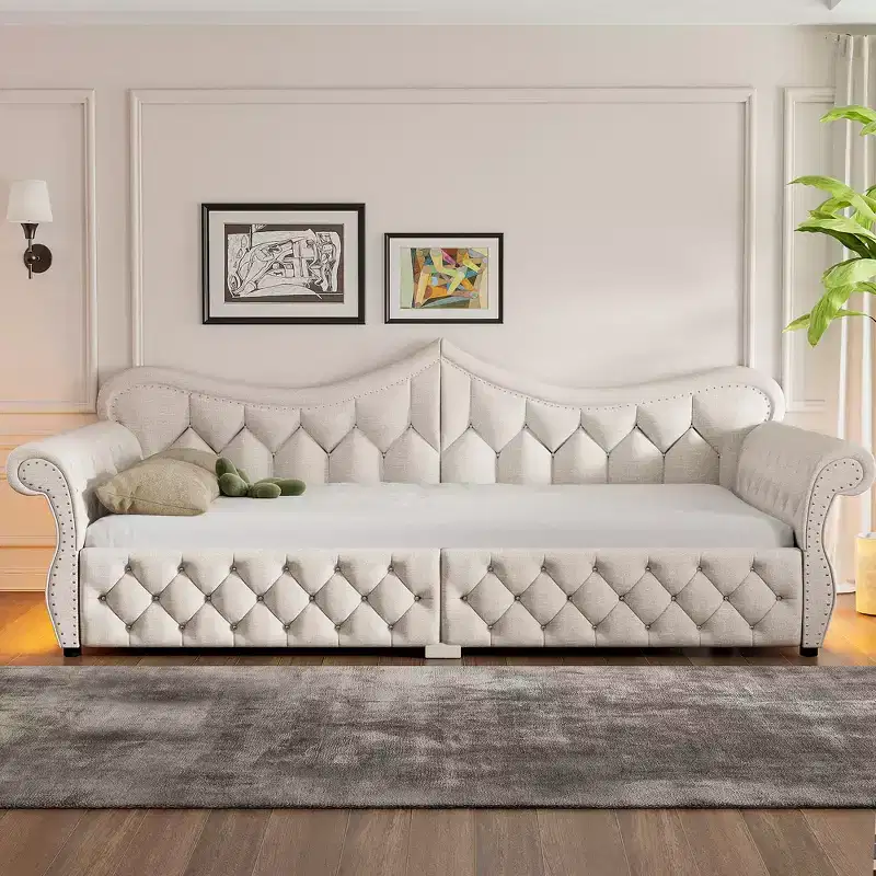 ModernLuxe Queen Size Upholstered Daybed with LED Lighting, Nailhead Trim & Tufted Linen Back