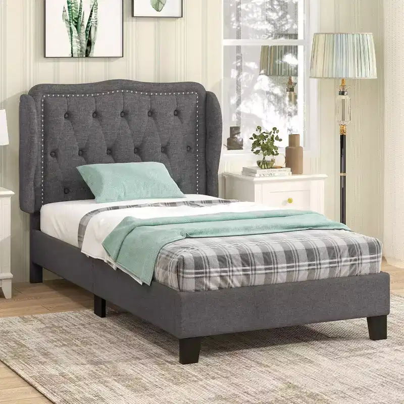 Twin Size Bed Frame with Button Tufted Wingback Headboard Wooden Slats Support