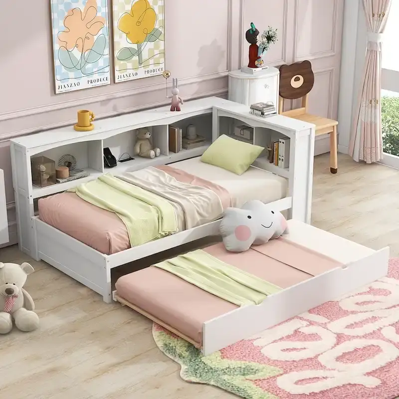 Twin Wooden Daybed with Trundle, 5 Storage Cabinets, USB & Power Outlet Charging Station, Pine Wood