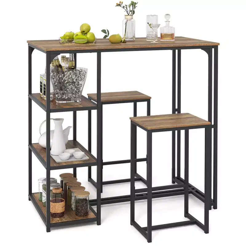 Costway 3-Piece Bar Table Set 2 Person Dining Furniture Set w/2 Stools 3 Storage Shelves