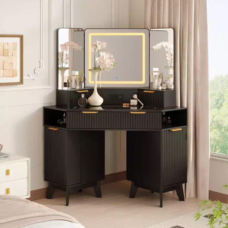 48 Fluted Makeup Vanity, Corner Vanity Desk with 3 Mirrors, Tempered Glass Top, 3 Drawers, 2 Cabinets & 2 Shelf Rack for Bedroom, Dressing Room