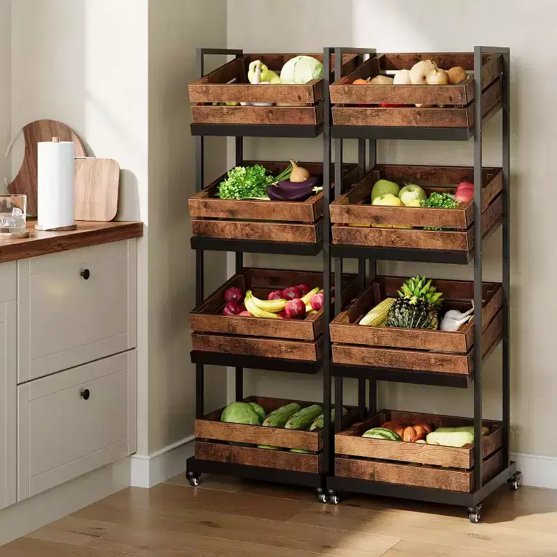 4-Tier Wooden Kitchen Cart with Lockable Wheels, Mobile Fruit & Vegetable Storage Rack