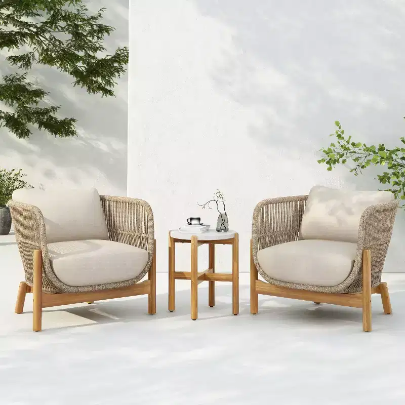 Christopher Knight Home Toby Rustic Outdoor 3 Pieces Rope Weave Upholstered Chat Set with Accent Table