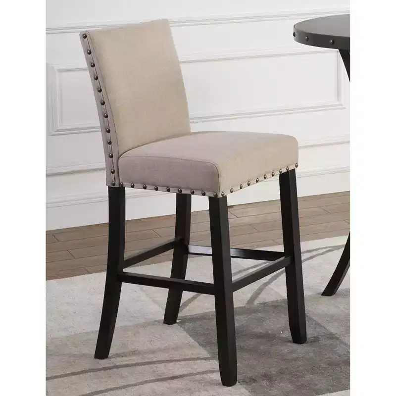 Biony 3-Piece 36 Round Espresso Finish Bar Table with 2 Tan Fabric Nail Head Pub Chairs