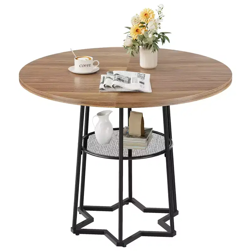 38.6 Wood Round Dining Table with Metal Base and Storage Shelf for Home, Kitchen, Living Room, (Only Table)