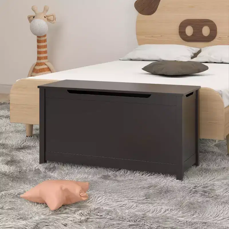 Acekool Wooden Toy Box Storage with Safety Hinge, Kids Toy Chest Bench with Lid for Bedroom, Playroom, Living Room, 31.5x13x16.7 Dark Brown