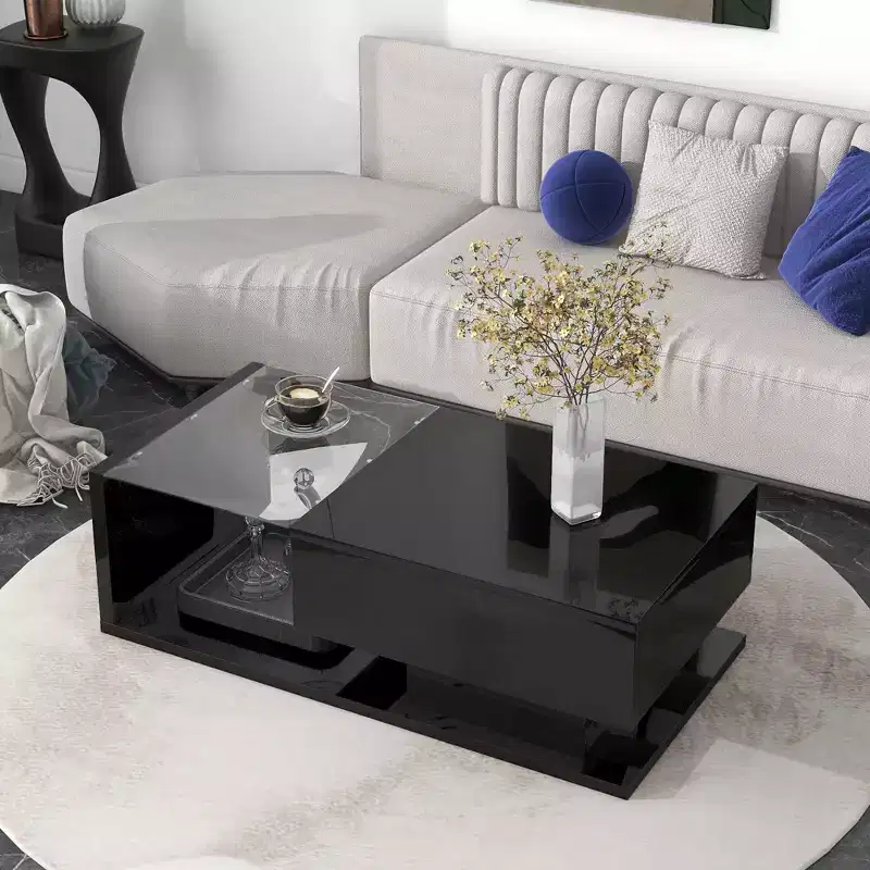 Modern Glass Coffee Table with Tempered Glass Top for Living Room, Black